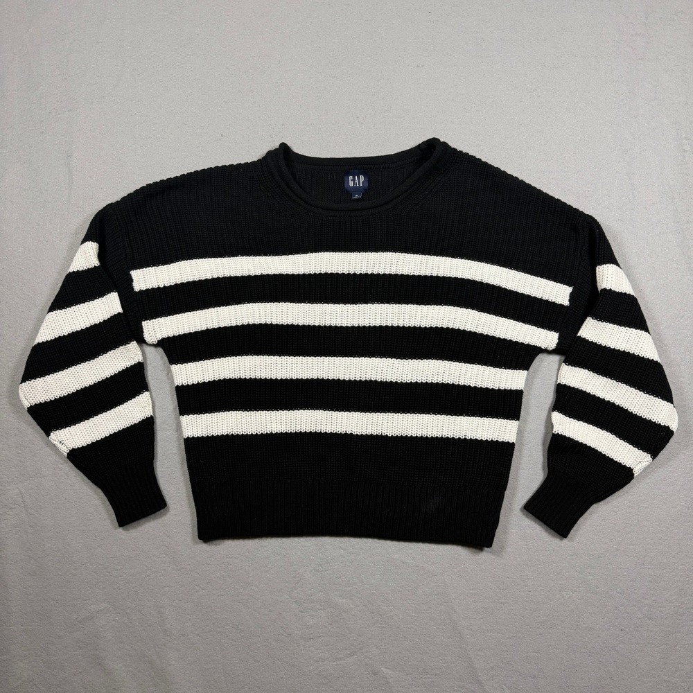 Gap Womens Striped Pullover Sweater Size M Black White Chunky Knit Crewneck